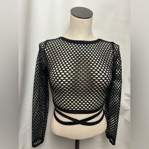 Black Fishnet Long-Sleeve Crop Top with Wrap Detail